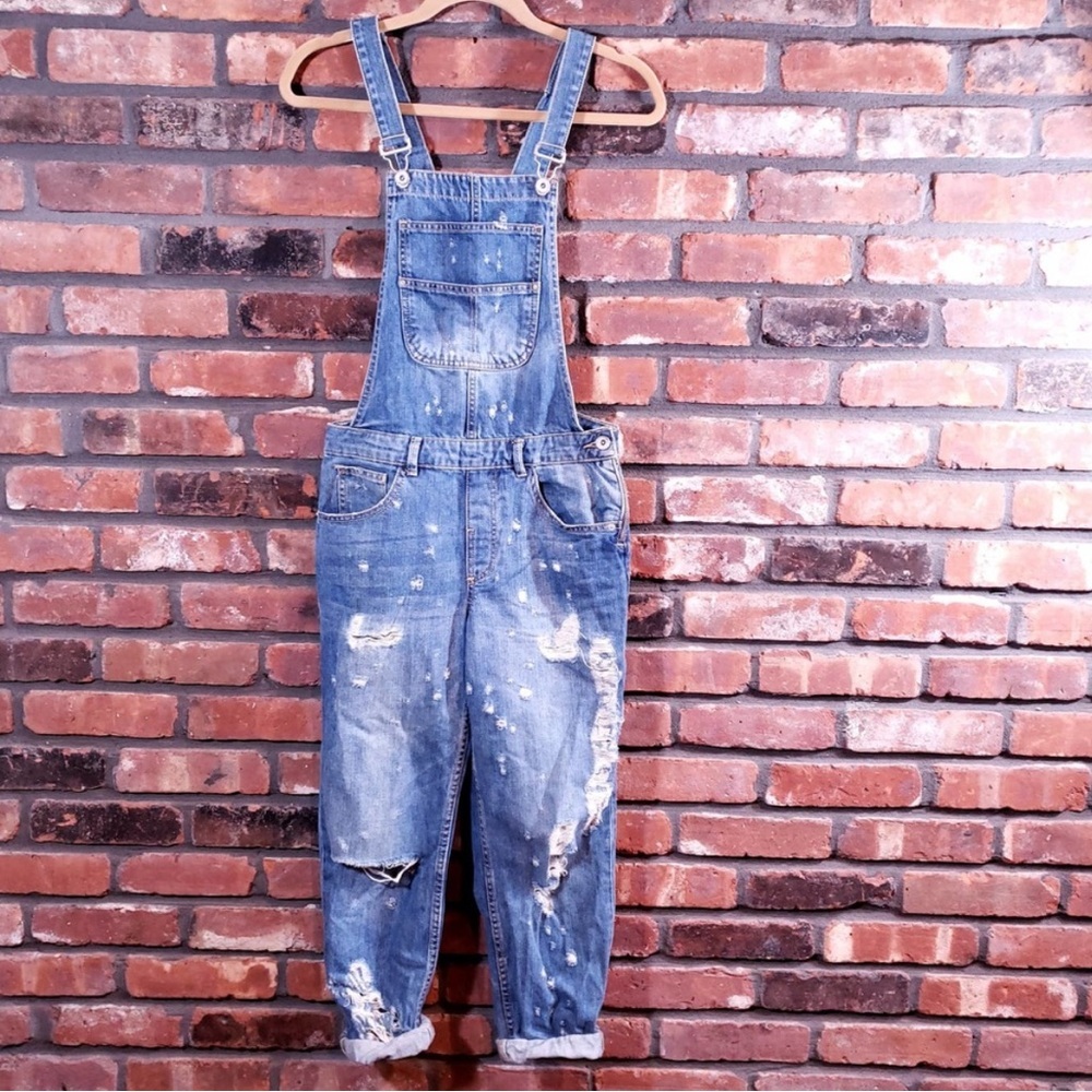 Zara Talk to the Hand Distressed Light Denim Overalls Size XS